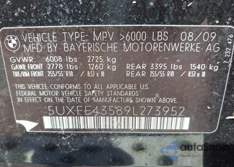 2009 BMW X5 xDrive30I из США, поврежденный, VIN 5UXFE43589L273952